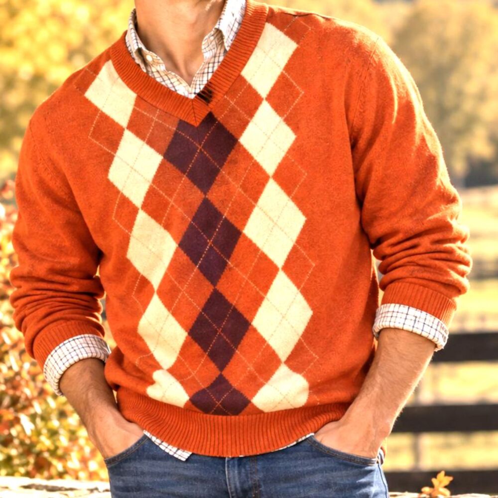 Vintage 2010 Argyle V-Neck Sweater Orange Brown Grandpacore Preppy Knit Y2K L